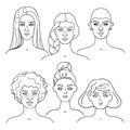 Diversity of Faces - Vector Set. Collection of isolated women portraits in linear style. Front view, different races Royalty Free Stock Photo