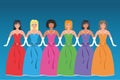 Vector illustration, Say yes to the dress. Multicultural, girls with different orgins dressed in colorful dresses.