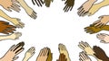 Diversity hands in circles, multicultural humanity connection, white background