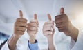 Diversity, hands and doctor team with thumbs up for healthcare success, good job or thank you at hospital. Diverse group Royalty Free Stock Photo