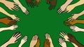 Diversity hands evoking interconnection and ecology concept. green background