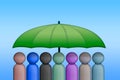 Diversity and inclusion concept displayed with multi-colored characters standing side-by-side, beneath an umbrella with a sky-blue