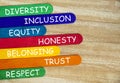 Diversity, inclusion, equality, honesty, belonging, trust and respect text on colorful wooden stick - Business culture