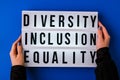 Diversity inclusion equality lettering. Text. Diversity, Age, Ethnicity, Sexual Orientation, Gender, Religion. Equal rights social