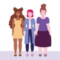 Diversity and inclusion, group women with different ethnicity, stature and size cartoon