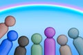 Diversity, inclusion, and LGBTQ concept displayed with multi-colored characters standing underneath a rainbow.