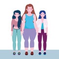 Diversity and inclusion, women tall stature curvy body, together characters