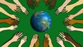 Diversity interconnection hands around earth, ecology concept. green background