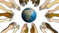 Diversity interconnection hands around earth, ecology concept. White background