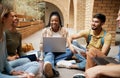 Diversity, laptop and students on ground, conversation and connection for study session, brainstorming and group project