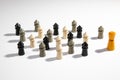 Diversity & Leadership - A group of multicolor wooden pawns for board games arranged in a group on a white background