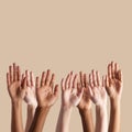 Diversity mockup, reaching and group of hands on studio background for question, asking and vote. Teamwork, support and