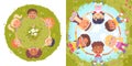 Diversity multinational group of happy friends dance in circle set, kids holding hands Royalty Free Stock Photo