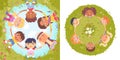 Diversity multinational group of happy friends dance in circle set, kids holding hands Royalty Free Stock Photo