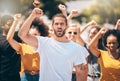 Diversity, people and protest voice opinion in a city with fist and arms in the air for justice or equality. Crowd of