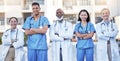 Diversity, proud and doctors portrait in healthcare service, hospital integrity and teamwork or leadership. Group of