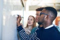 Diversity, students writing on whiteboard and in classroom of school building. Problem solving or formula, brainstorming Royalty Free Stock Photo