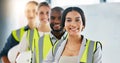 Diversity, team and portrait of engineering employees standing in an industrial office. Industry workers working on a Royalty Free Stock Photo