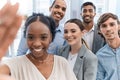 Diversity, team and selfie of happy business people or friends together in unity at the office. Portrait of fun, playful Royalty Free Stock Photo