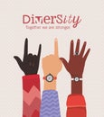 Diversity together we are stronger with rock one and open hands vector design