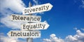 Diversity, tolerance, equality, inclusion - wooden signpost with four arrows