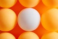 Diversity, variation, distinction or contrast concept. White table tennis ball is surrounded by orange ping pong lottery balls Royalty Free Stock Photo