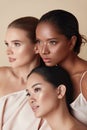 Diversity. Women Beauty Portrait. Multi-Ethnic Models Standing Together And Looking Away. Asian, Mixed Race And Caucasian Female