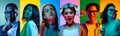 Diversity. Youth with different emotions. Set of portraits of young excited multiethnic people on multicolored