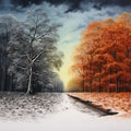 Divided Winter And Autumn Landscape: Capturing Nature\'s Dramatic Splendor