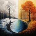 Divided Winter Autumn Landscape: A Painting Inspired By Cyril Rolando And David Inshaw