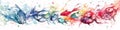 Divider colorful fish, water waves, bubbles and splashes, watercolor style, multicolor panoramic banner, divider on off Royalty Free Stock Photo