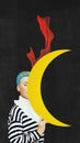 Contemporary surreal art collage, design. Woman with moon goddess symbol isolated over black. Concept of witch