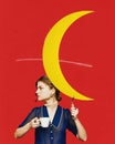 Contemporary surreal art collage, design. Young woman with moon goddess symbol isolated over red. Concept of witch Royalty Free Stock Photo