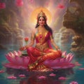divine goddess Laxmi smiling sitting on the lotus generative AI Royalty Free Stock Photo
