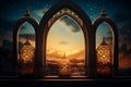 Divine Ramadan Eid Mubarak Mosque silhouette, lantern, radiant background