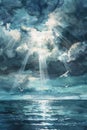 Divine rays shine down through clouds, casting light on a quiet ocean surface Royalty Free Stock Photo