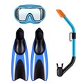 Diving accessories realistic set with snorkel breathing tube mask and flippers for underwater sport blue vector illustration Royalty Free Stock Photo