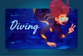 Diving banner with woman scuba diver underwater Royalty Free Stock Photo