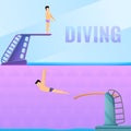 Diving board banner set, cartoon style