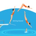 Diving board and female swimmer in swimsuit that jumps