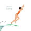 Diving board and girl in red swimsuit jumps from it