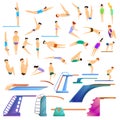 Diving board icons set, cartoon style