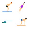 Diving board icons set cartoon vector. People jumping from board into water Royalty Free Stock Photo