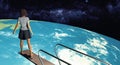 Diving board over earth.