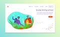 Diving club landing web banner, extreme sport tropical ocean, professional character diver explore underwater life flat
