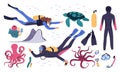 Diving elements. Underwater swimming equipment. People in divers suits and masks. Deep sea explorers. Seabed octopus