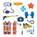 Diving Equipment Set Vector. Scuba Diver Accessories. Mask, Tube, Buoy, Starfish, Fish, Underwater Gun, Camera, Oxygen