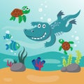 Diving with funny aligator and turtle with cartoon style. Creative vector childish background for fabric, textile, nursery