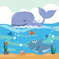 Diving with funny whale and shark with cartoon style. Creative vector childish background for fabric, textile, nursery wallpaper, Royalty Free Stock Photo