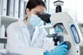 Diving further into her research. Shot of a young woman using a microscope in a lab. Royalty Free Stock Photo